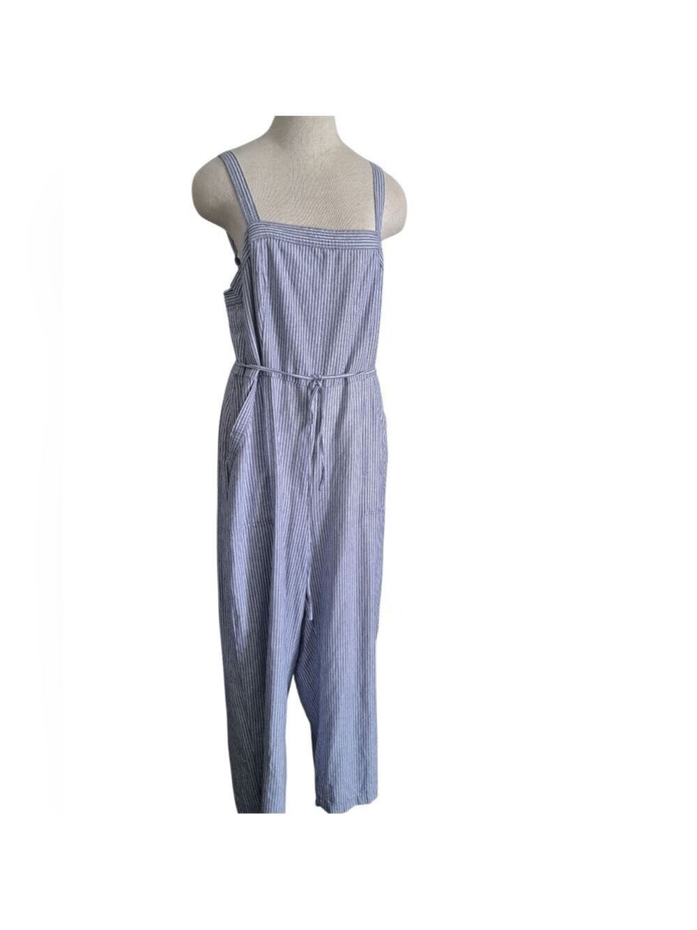 LINEN BLEND wide leg ankle jumper romper one piece stripe smocked coastal Sz L